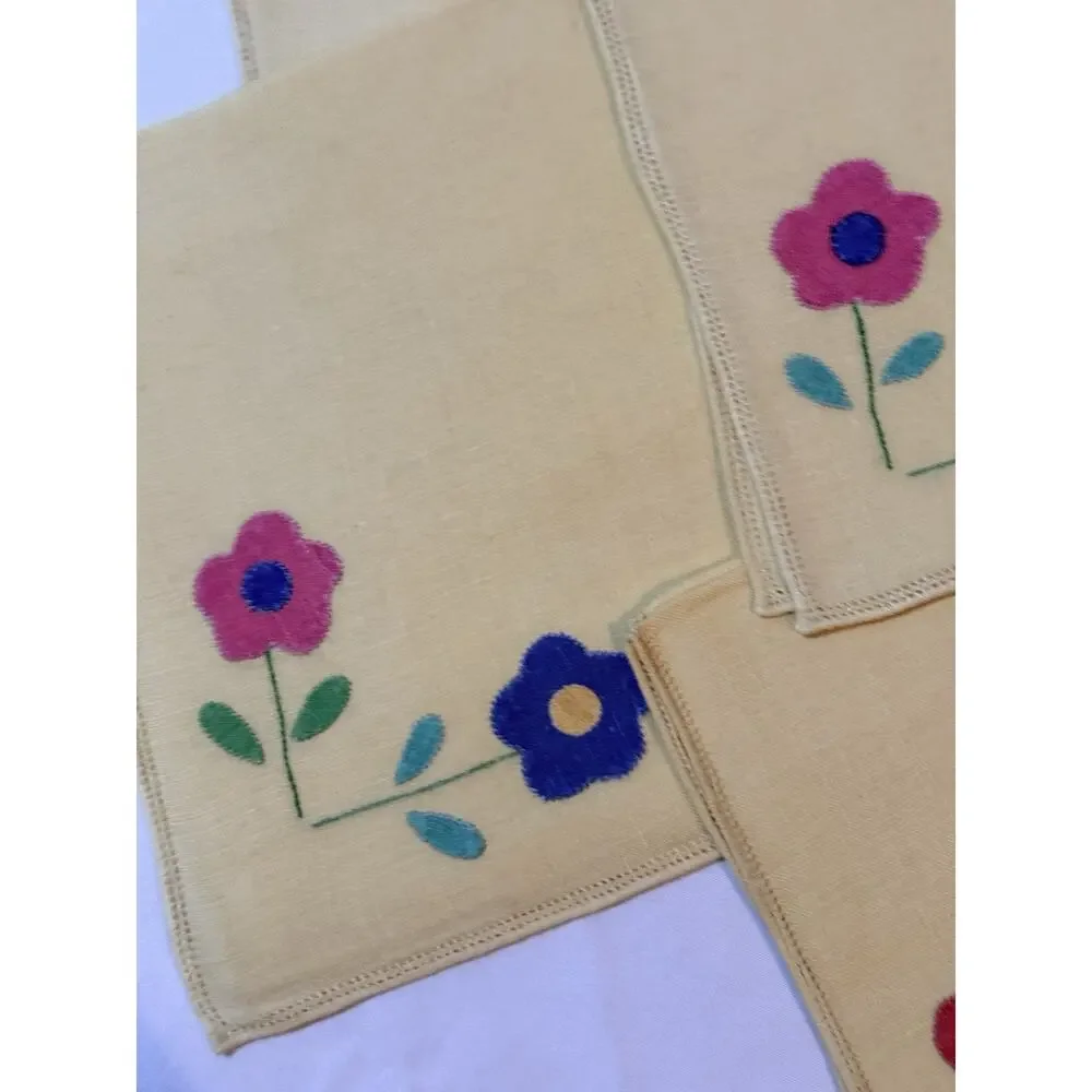 Vintage Linen Luncheon Napkins Set of 8 14x14 Appliqué Flower Floral Mid Century